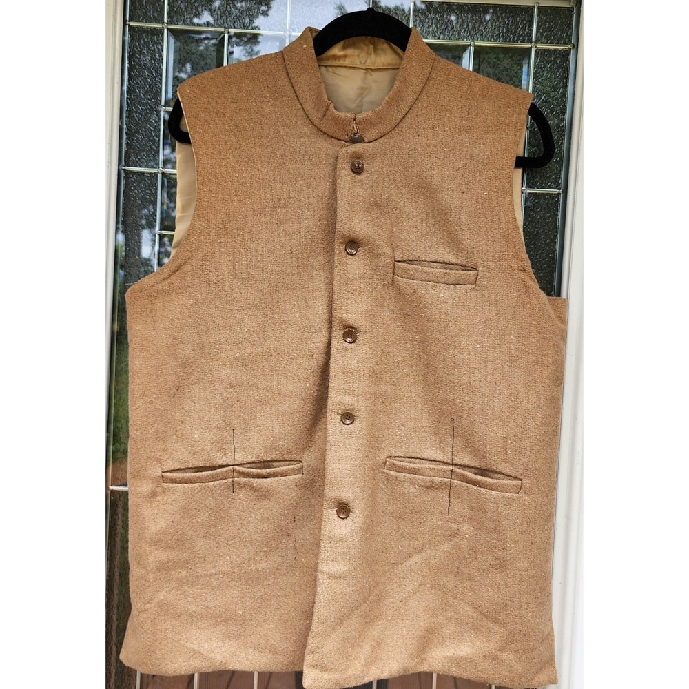 Handmade Tan 100% Wool LARGE Nehru Collar Vest Jacket Mod Retro Timeless Classic